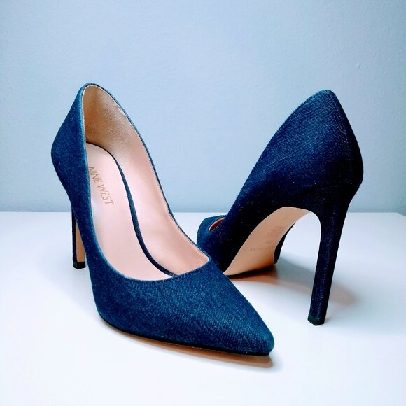 NINE WEST TATIANA STILETTO POINTY TOE BLUE DENIM DRESS PUMPS - Picture 12 of 13